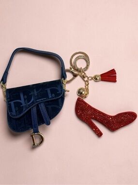 Navy Saddle Bag Keychain with Red Puffy Glitter Shoe Charm - NEW